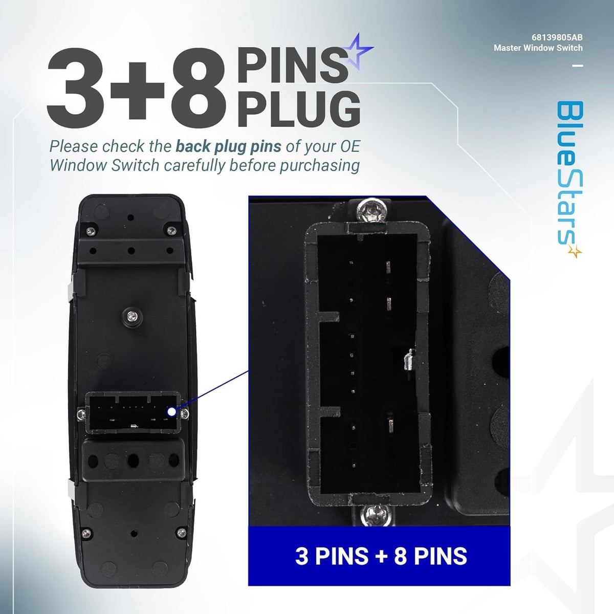 Close-up view of the 3+8 pin connector on the back of the 68139805AB power master window switch.