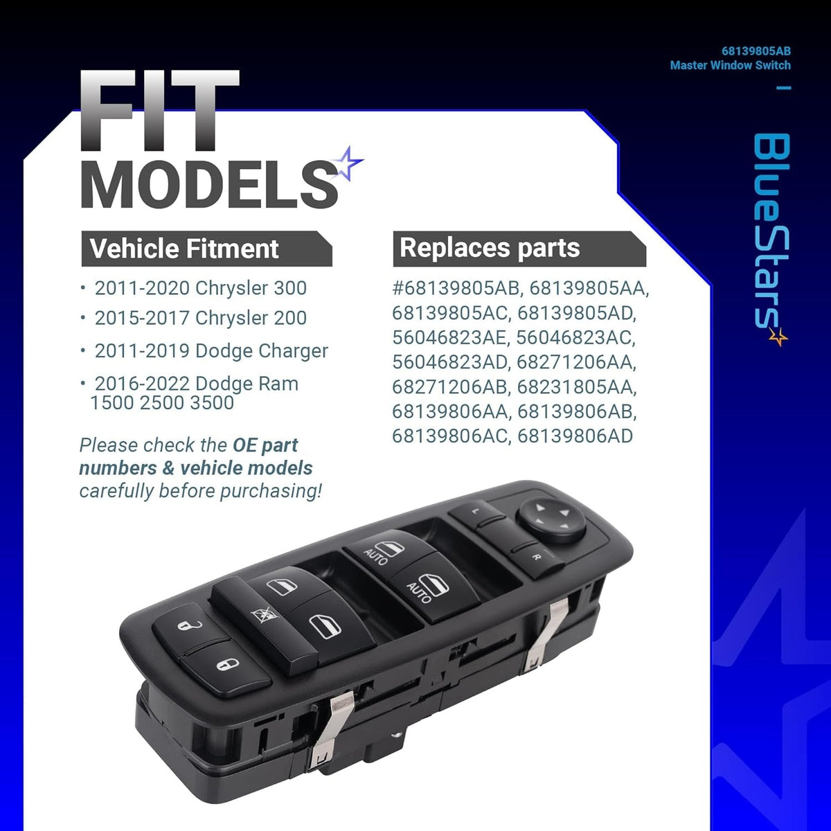 68139805AB power master window switch with vehicle fitment chart for Chrysler and Dodge models.