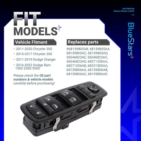 68139805AB power master window switch with vehicle fitment chart for Chrysler and Dodge models.