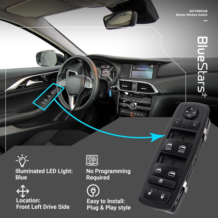 68139805AB power master window switch installed on the front left driver side door panel.