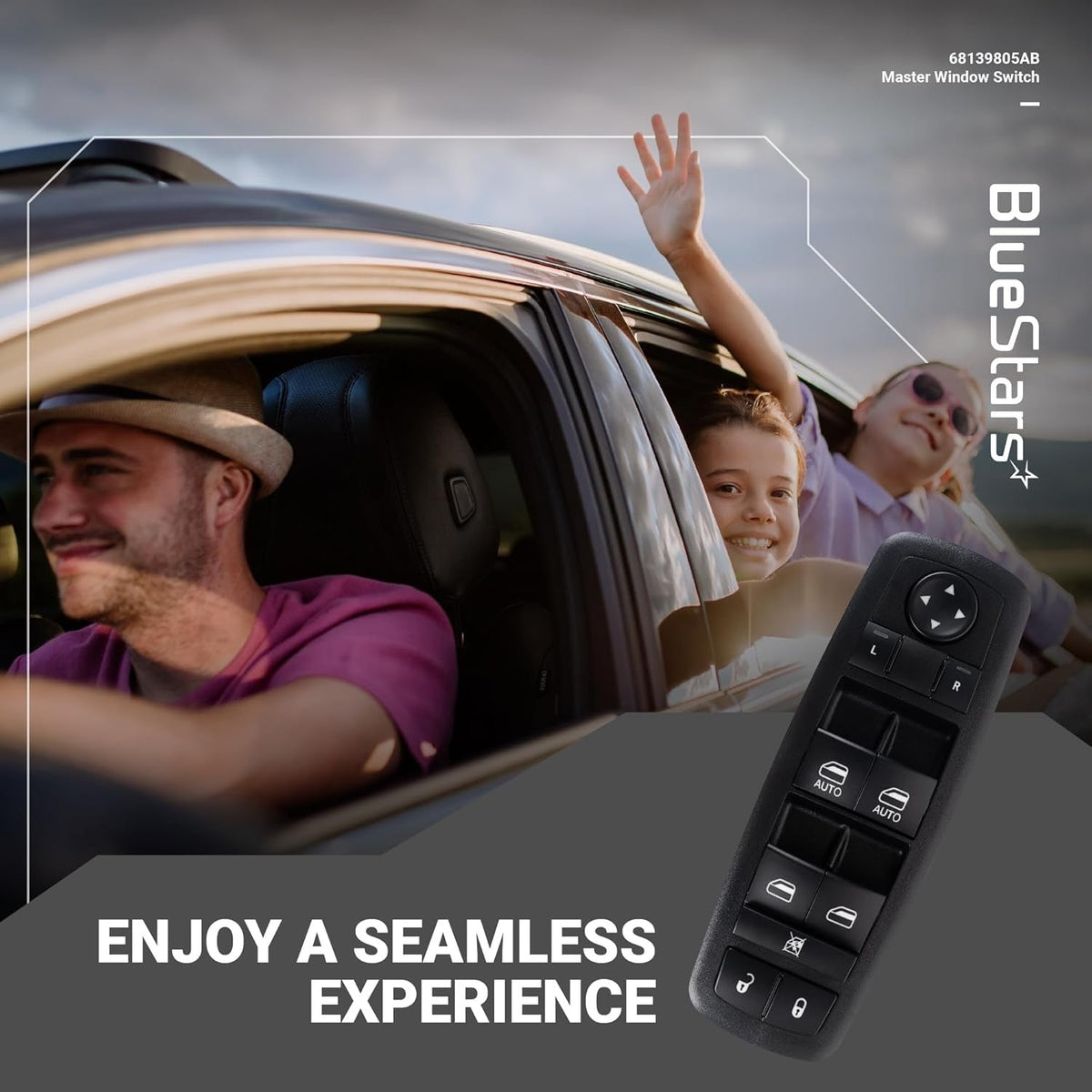 68139805AB Power Master Window Switch displayed in a lifestyle marketing graphic with a family in a car.