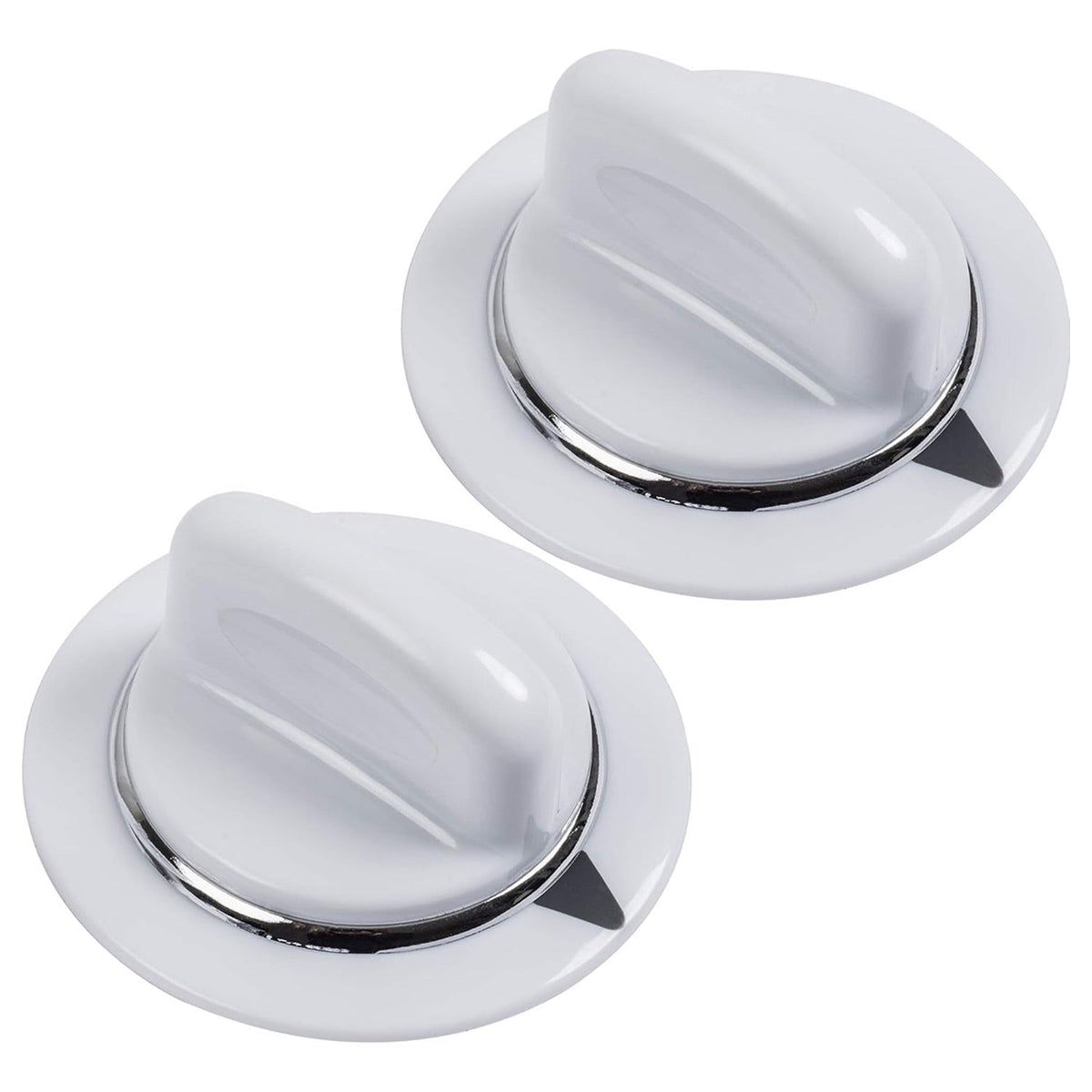 Two white WE01X20374 dryer timer knobs with chrome trim for GE and Hotpoint dryers.