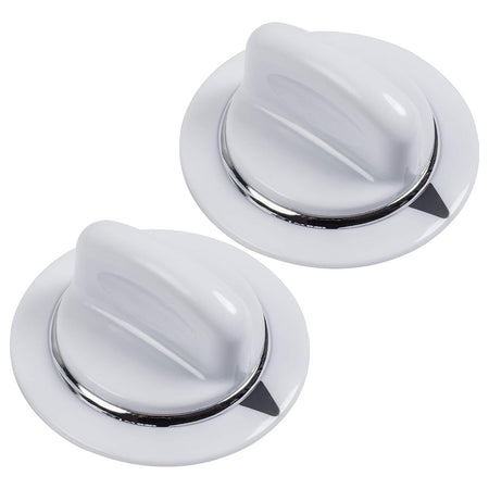 Two white WE01X20374 dryer timer knobs with chrome trim for GE and Hotpoint dryers.