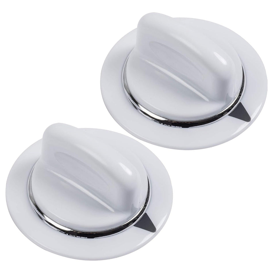 Two white WE01X20374 dryer timer knobs with chrome trim for GE and Hotpoint dryers.