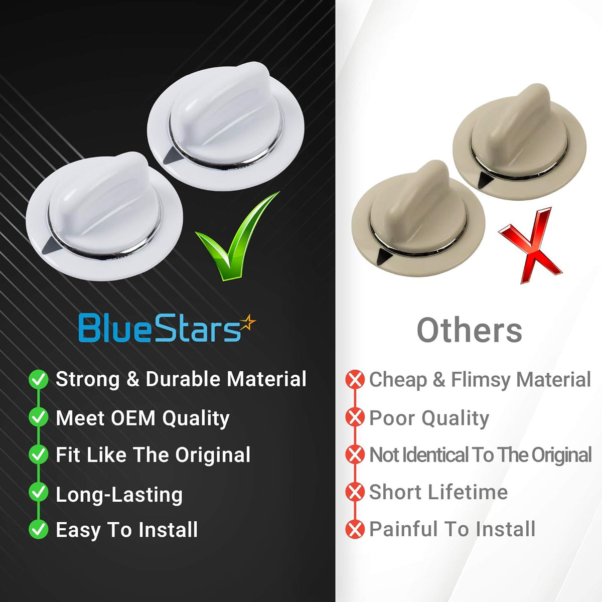 Comparison chart showing BlueStars WE01X20374 dryer timer knobs versus lower quality alternatives.