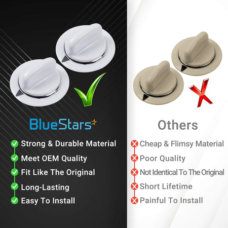 Comparison chart showing BlueStars WE01X20374 dryer timer knobs versus lower quality alternatives.
