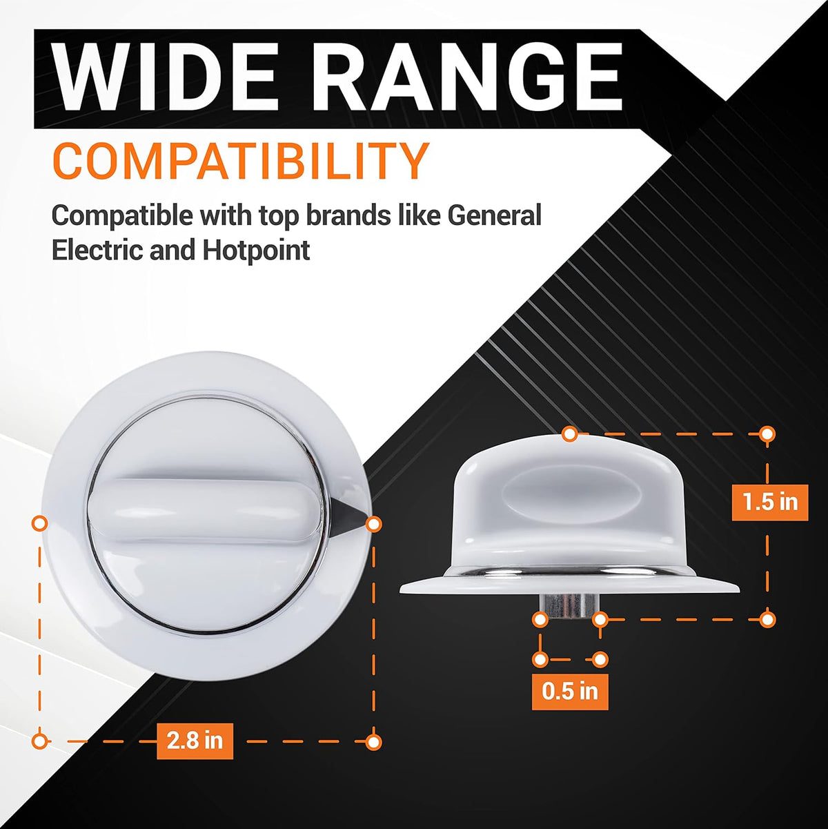 WE01X20374 dryer timer knob showing top and side dimensions for GE and Hotpoint dryer compatibility.