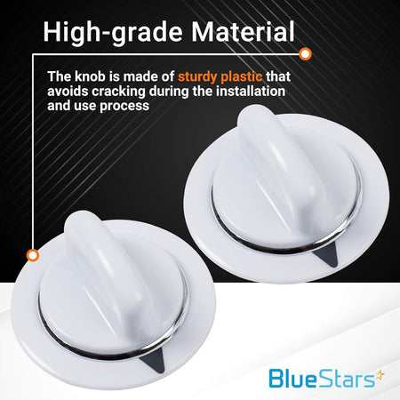 Two white WE01X20374 dryer timer knobs made of durable plastic for GE and Hotpoint dryers.