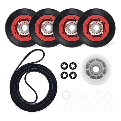 4392067RC dryer repair kit including four red support rollers, drive belt, idler pulley, and hardware components.