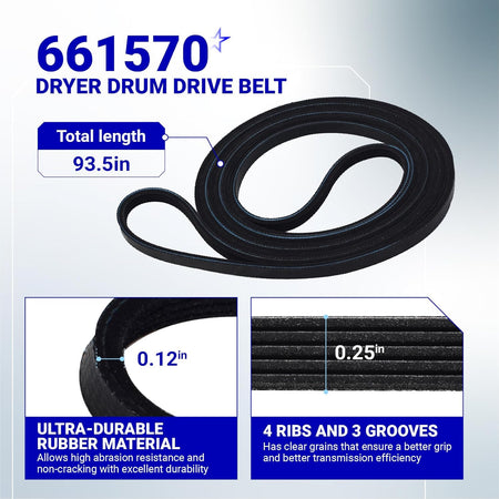 661570 dryer drum drive belt with 93.5-inch length, 4 ribs, and 3 grooves showing dimensions and rubber material details.