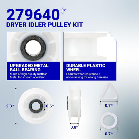 279640 dryer idler pulley kit showing dimensions, metal ball bearing, and durable plastic wheel construction.