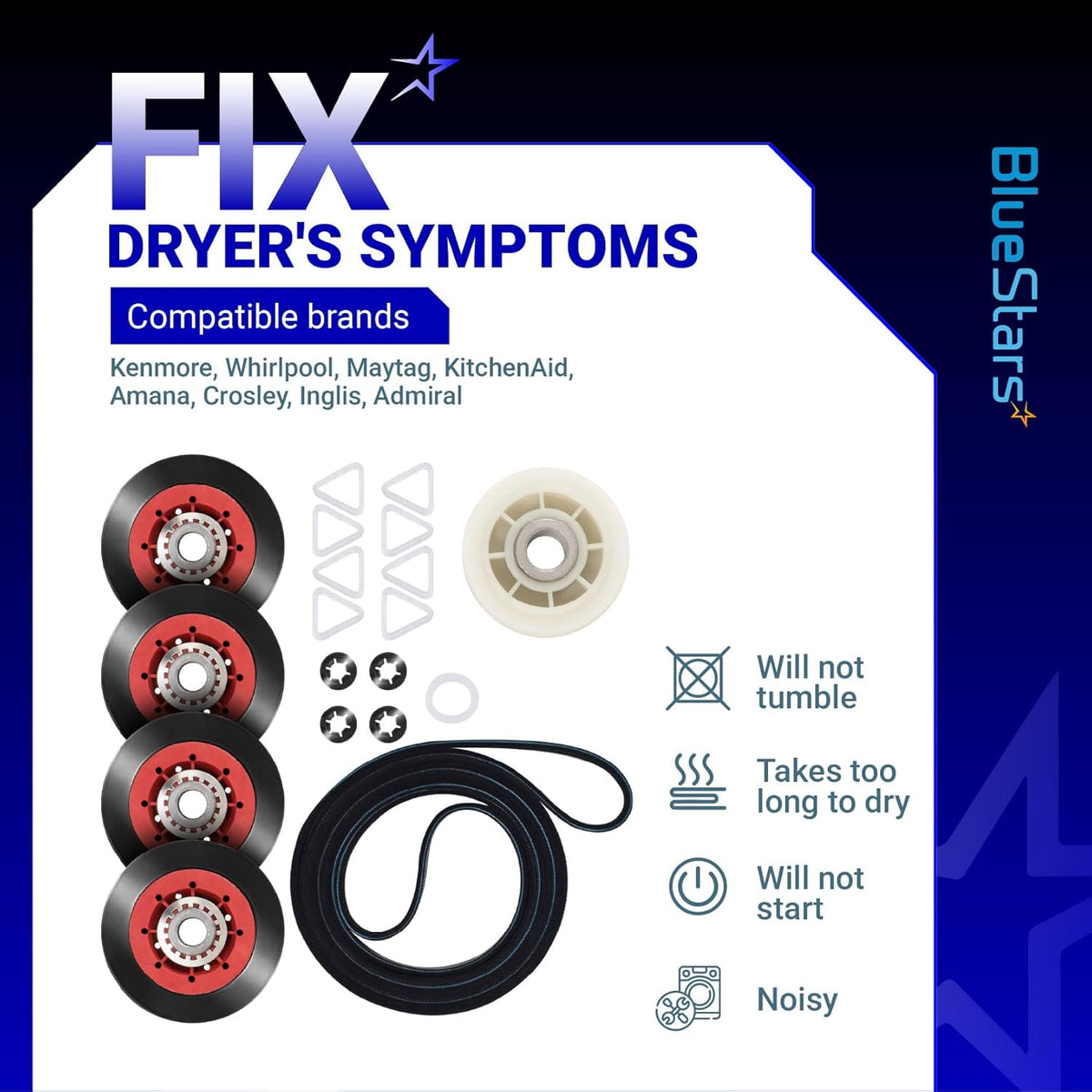 4392067RC dryer repair kit components including rollers, belt, and hardware with compatibility and symptom guide.