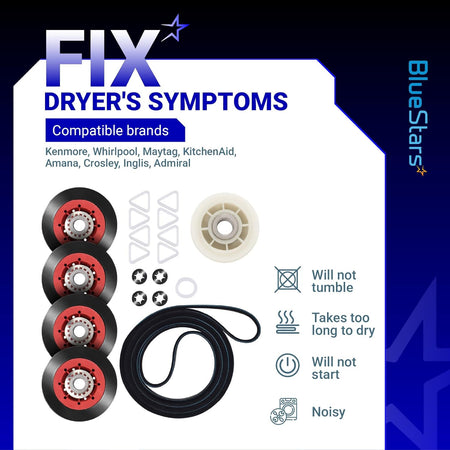 4392067RC dryer repair kit components including rollers, belt, and hardware with compatibility and symptom guide.