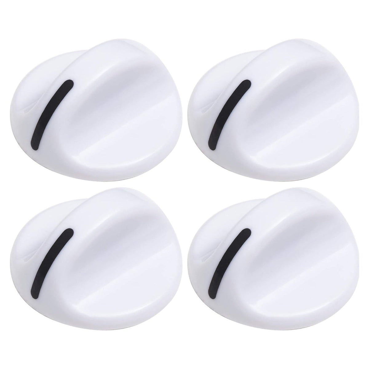 Set of four white dryer timer replacement knobs for Frigidaire and Electrolux dryers.
