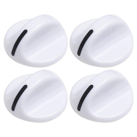 Set of four white dryer timer replacement knobs for Frigidaire and Electrolux dryers.