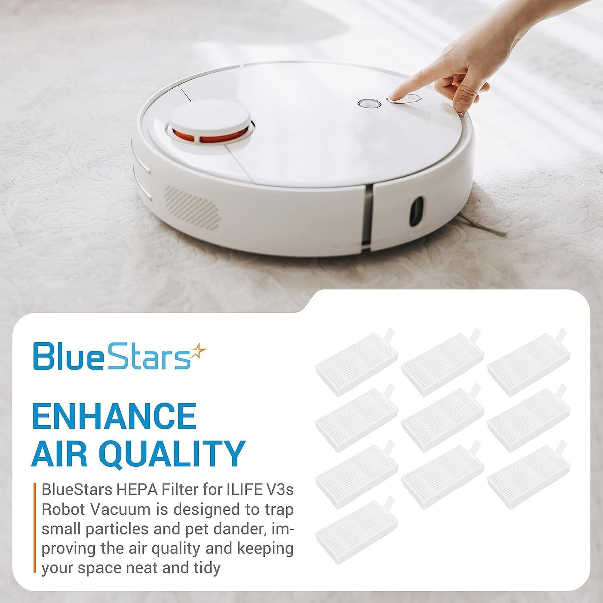 Pack of 10 HEPA replacement filters for ILIFE V3s, V5, and compatible robotic vacuum cleaners.