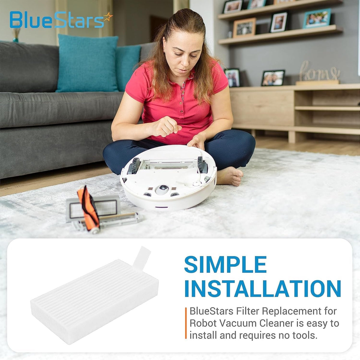 Woman installing a replacement HEPA filter into an ILIFE robotic vacuum cleaner.