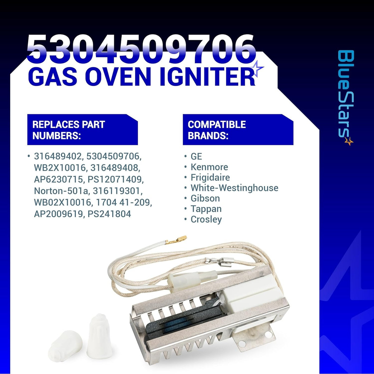 5304509706 gas oven igniter replacement part with wire leads and wire nuts shown on an informational product card.