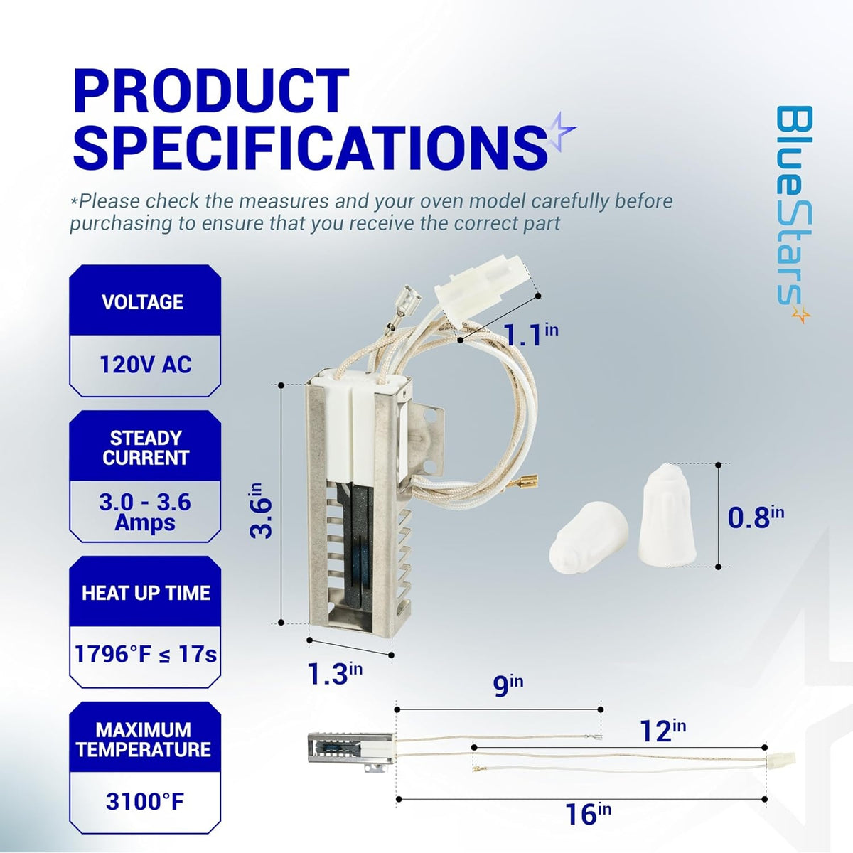 5304509706 gas oven igniter specification chart showing dimensions, voltage, and electrical ratings.