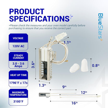 5304509706 gas oven igniter specification chart showing dimensions, voltage, and electrical ratings.