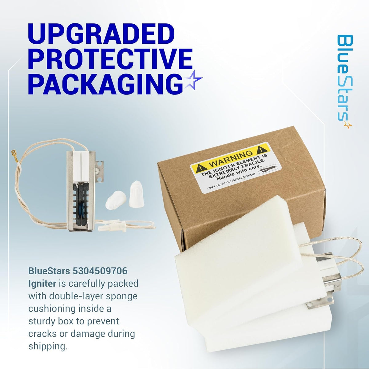 5304509706 gas oven igniter shown with protective sponge cushioning and shipping box for safe delivery.