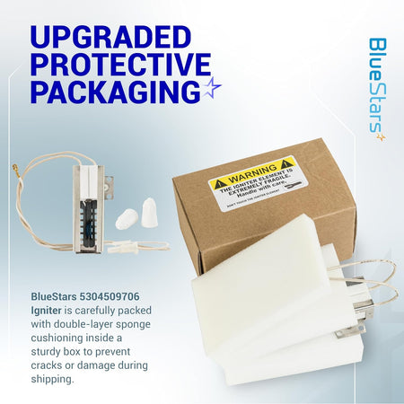 5304509706 gas oven igniter shown with protective sponge cushioning and shipping box for safe delivery.