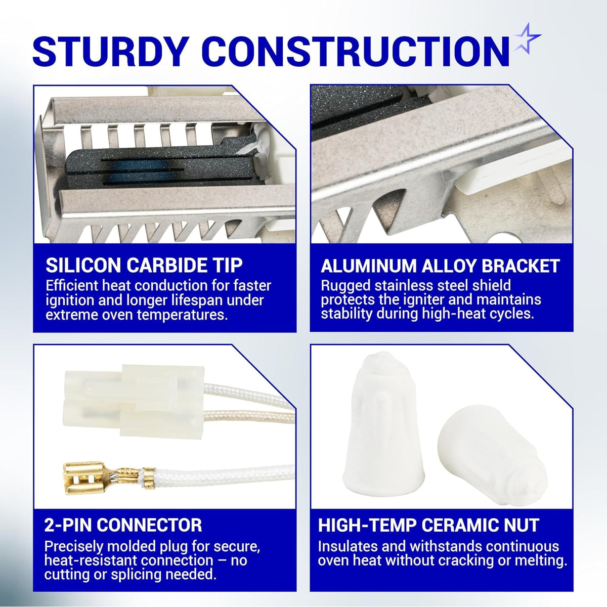 Infographic showing construction details of 5304509706 gas oven igniter including silicon carbide tip and 2-pin connector.