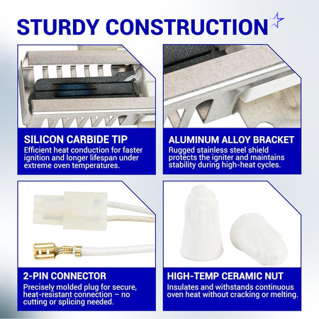 Infographic showing construction details of 5304509706 gas oven igniter including silicon carbide tip and 2-pin connector.