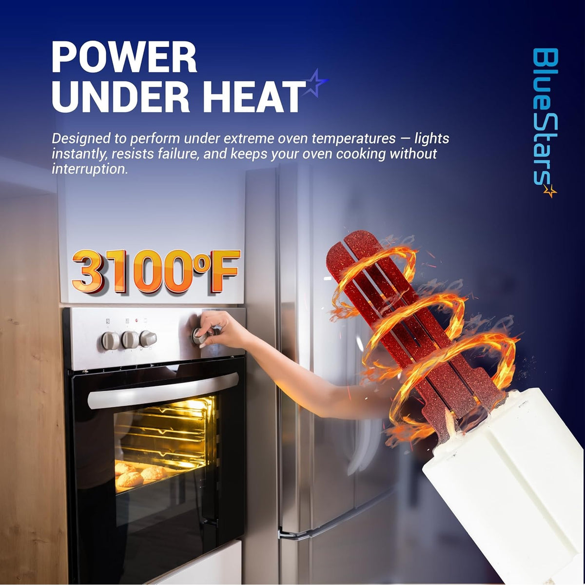 5304509706 gas oven igniter graphic showing high-temperature performance and heat resistance.