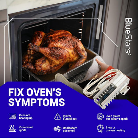 5304509706 gas oven igniter replacement part shown with oven troubleshooting symptoms and roasted chicken background.