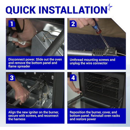 Four-step installation guide for 5304509706 gas oven igniter showing burner and wiring harness assembly.