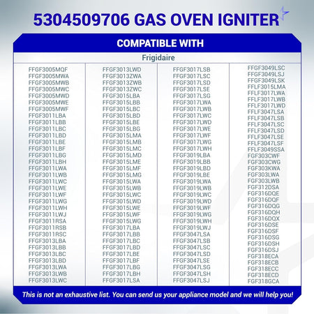 Compatibility chart for 5304509706 gas oven igniter listing Frigidaire appliance model numbers.