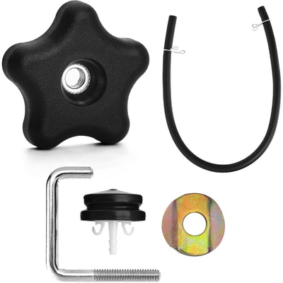 Replacement handle knob, handle lock, and hardware kit including star knob, metal bolt, tube, and washer.