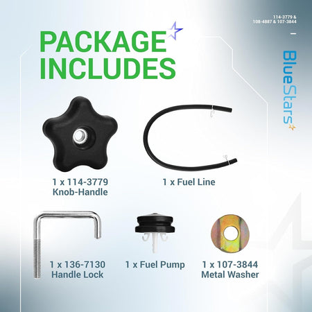 Package contents including handle knob, fuel line, handle lock, fuel pump, and metal washer for lawn equipment repair.