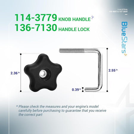 114-3779 star knob handle and 136-7130 U-shaped handle lock with dimension measurements.