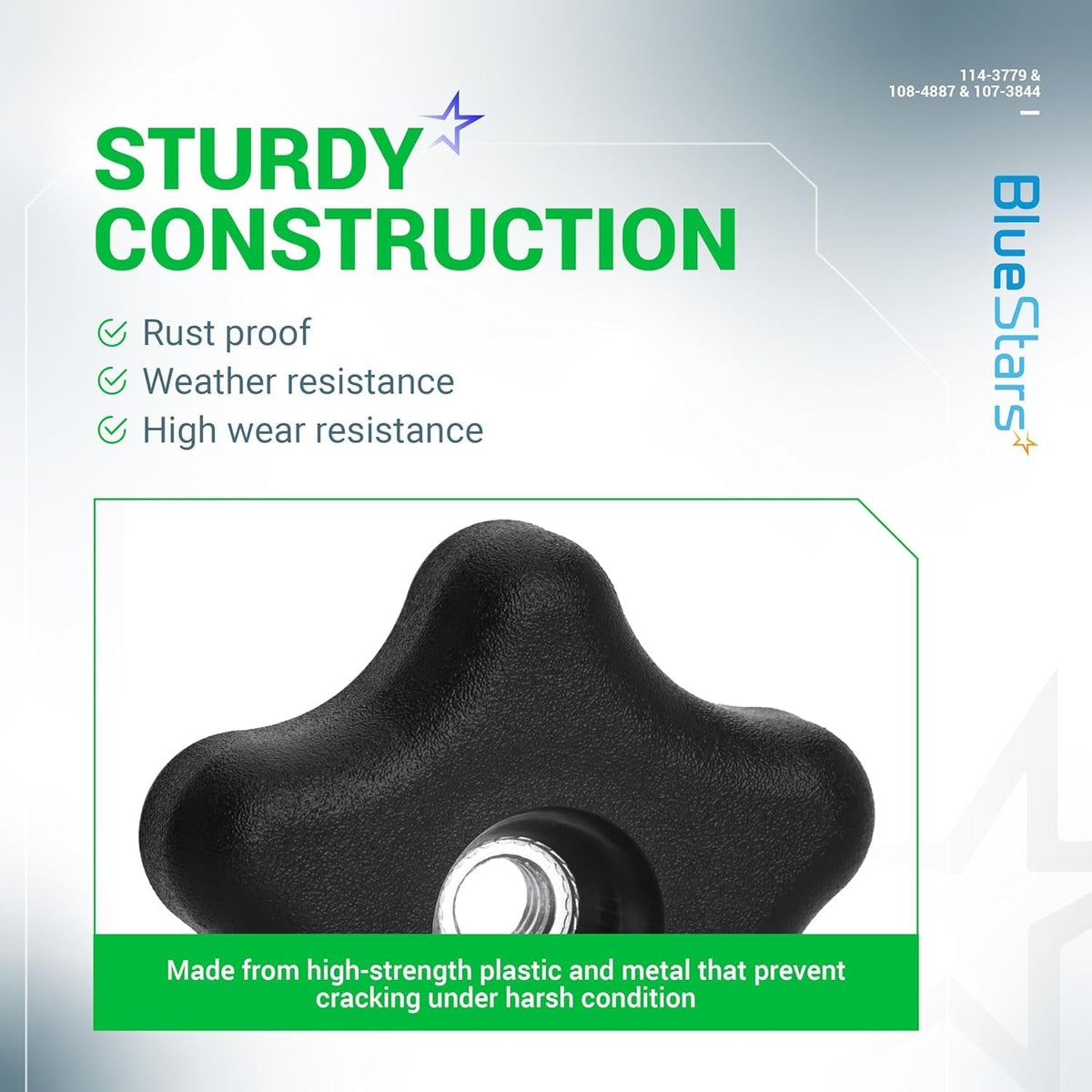 Close-up of 114-3779 handle knob featuring sturdy, rust-proof plastic and metal construction.