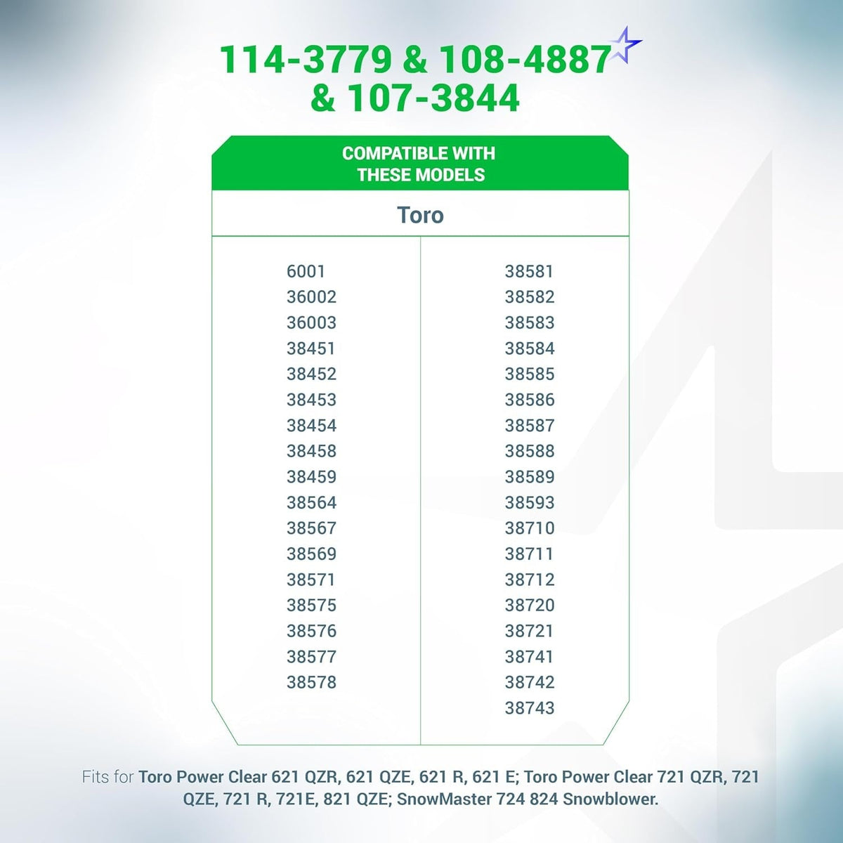 Compatibility chart for Toro handle knob 114-3779, handle lock 108-4887, and 107-3844 for Power Clear snowblowers.