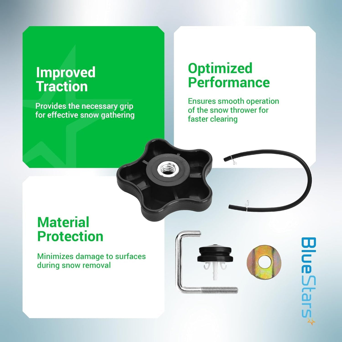 Replacement handle knob, lock, and hardware kit for snow thrower maintenance.