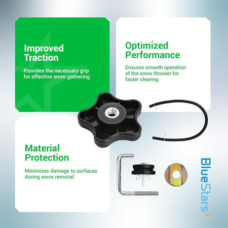Replacement handle knob, lock, and hardware kit for snow thrower maintenance.