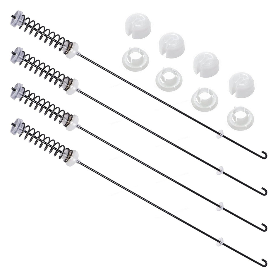 W10780045 washer suspension rod kit with four rods and eight white plastic suspension bushings for Whirlpool washers.