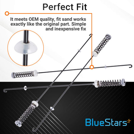 Set of 4 W10780045 washer suspension rods with close-up detail of the spring and bushing assembly.