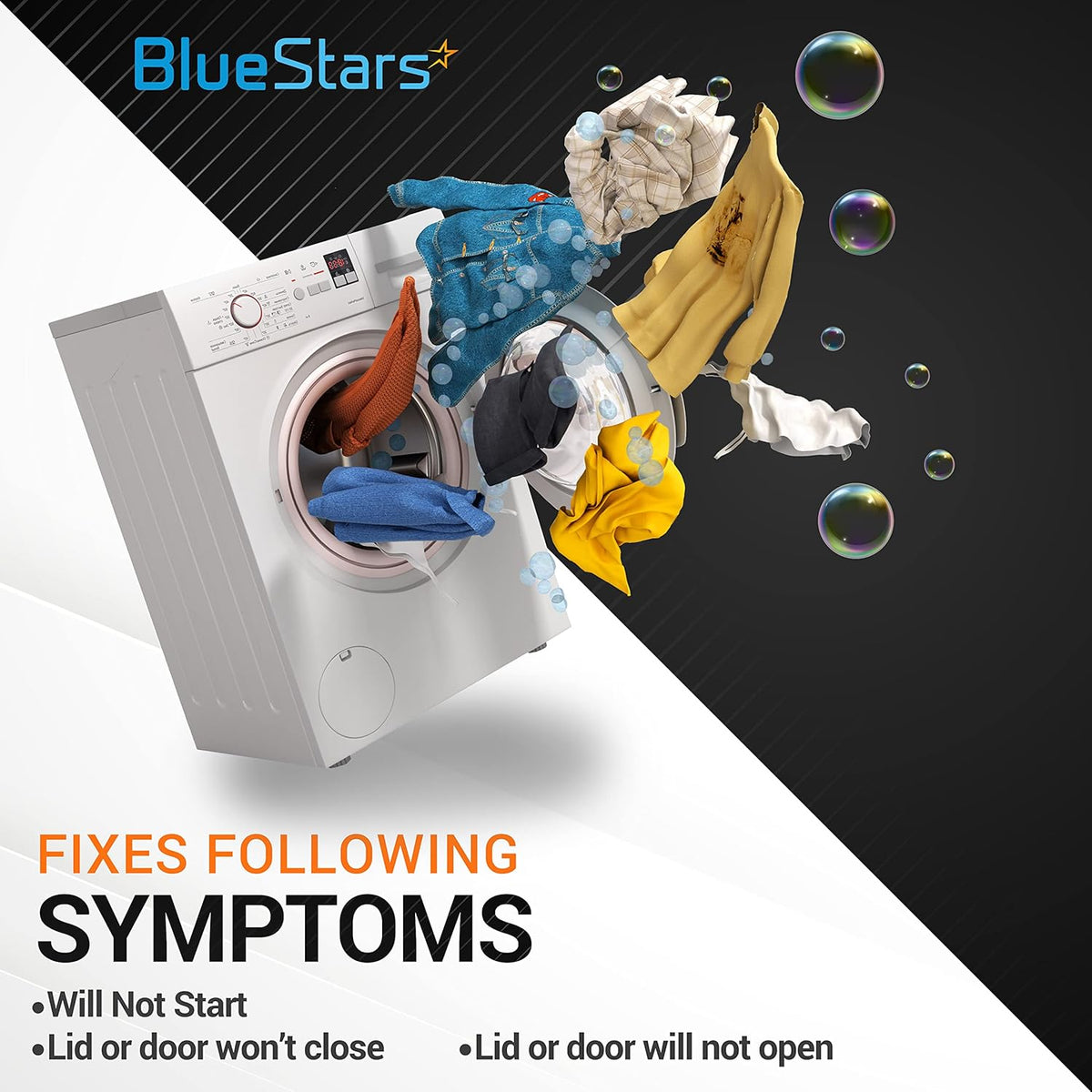 Graphic showing a washing machine with laundry to illustrate symptoms fixed by W10810403 washer lid lock replacement.