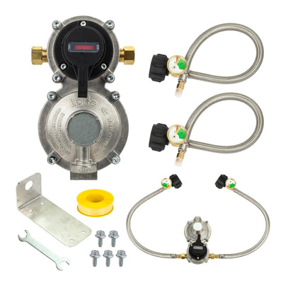 2-stage auto changeover dual propane regulator kit with hoses, mounting bracket, and installation hardware.