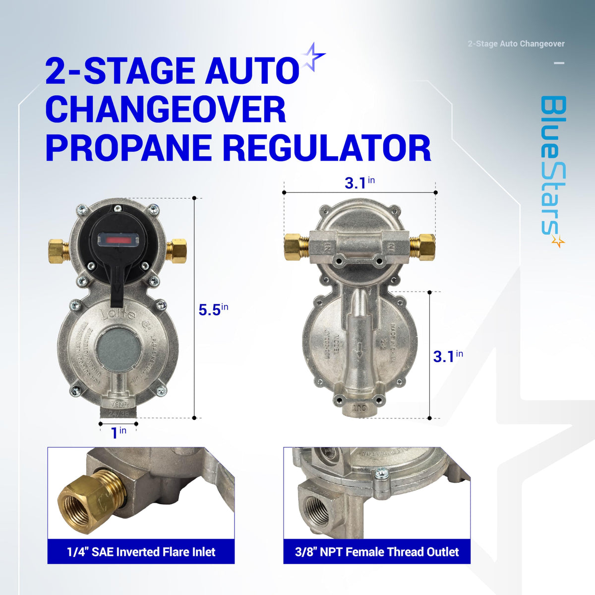 Technical diagram of a 2-stage auto changeover dual propane regulator with dimensions and inlet/outlet specifications.