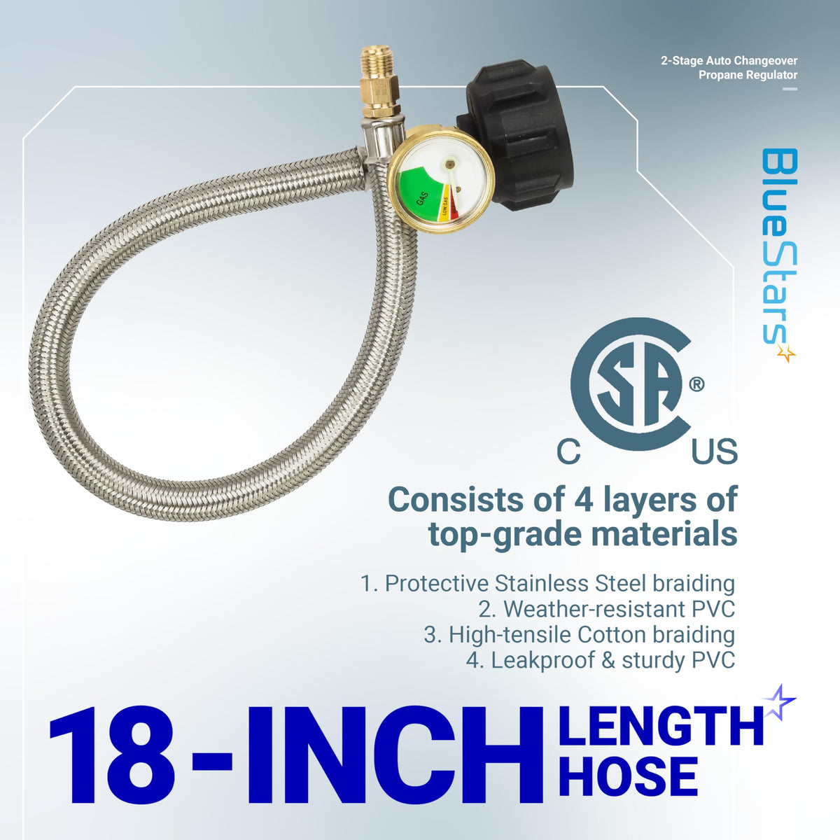 18-inch stainless steel braided propane regulator hose with pressure gauge and connector.