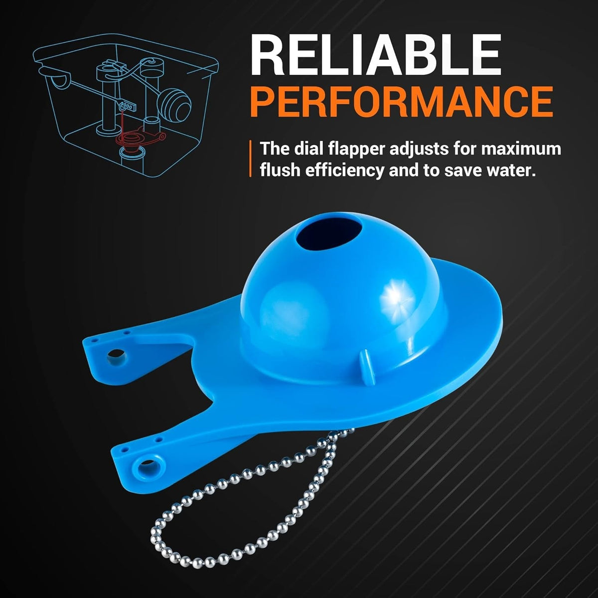 Blue AquaSource toilet flapper replacement part with adjustment dial and metal chain.