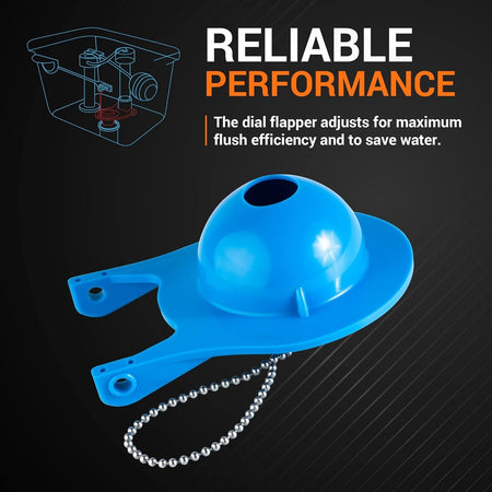 Blue AquaSource toilet flapper replacement part with adjustment dial and metal chain.