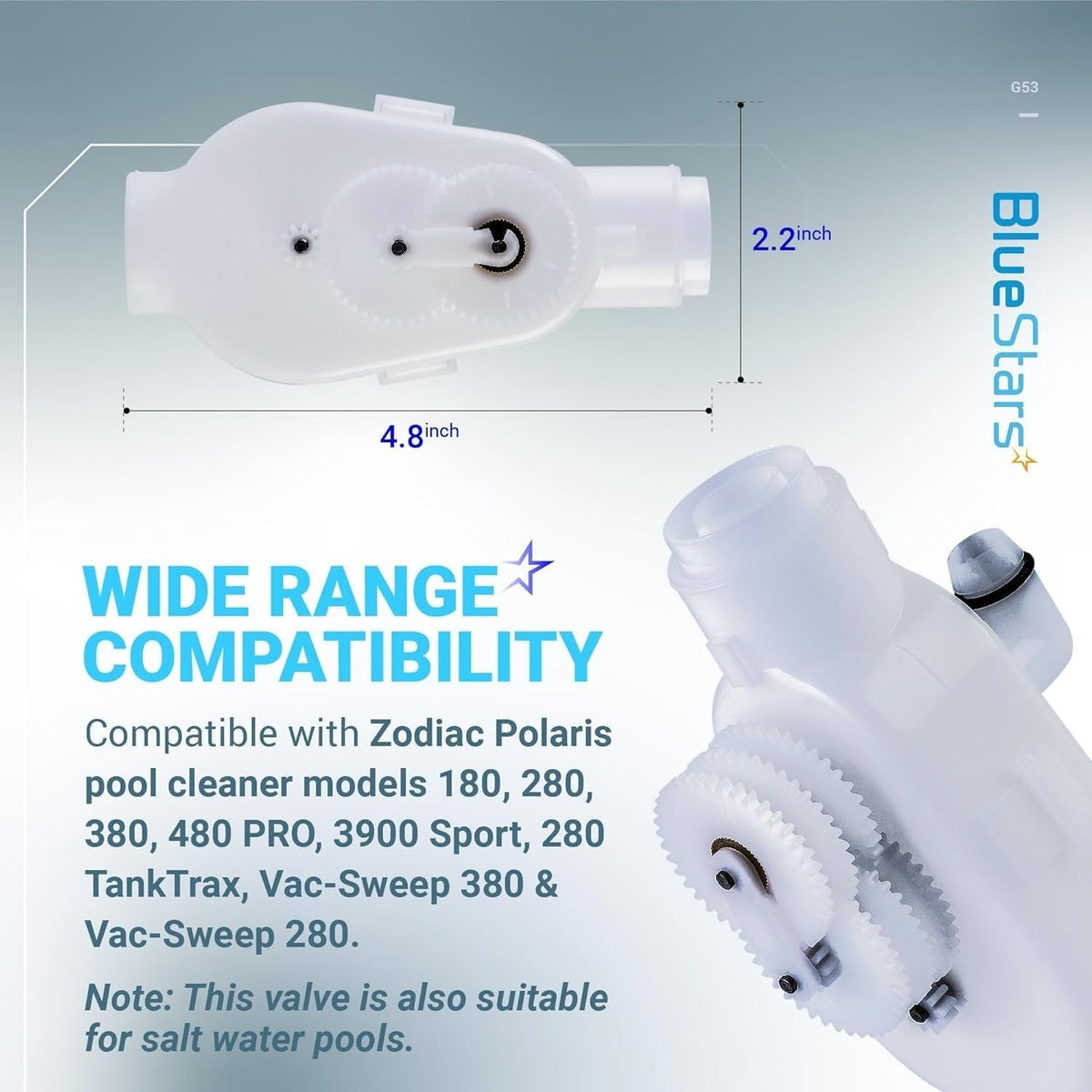 G53 gear mechanism replacement for Polaris pool cleaner backup valves with dimensions and compatibility details.