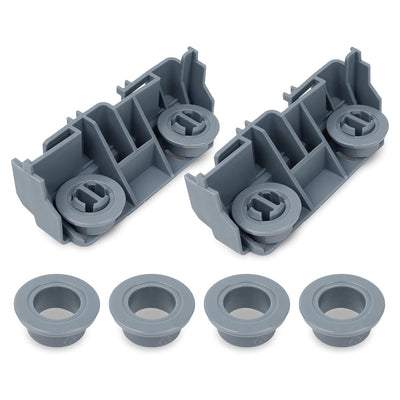 Two gray GE dishwasher rack carriers with four replacement rollers.