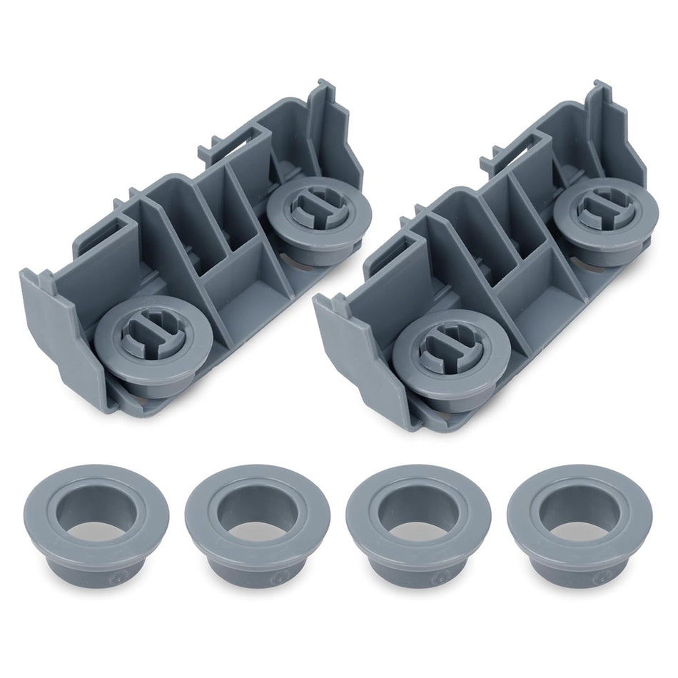 Two gray GE dishwasher rack carriers with four replacement rollers.